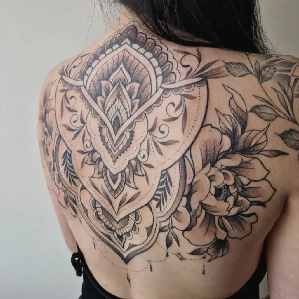 Tetování mandala, květiny na zádech