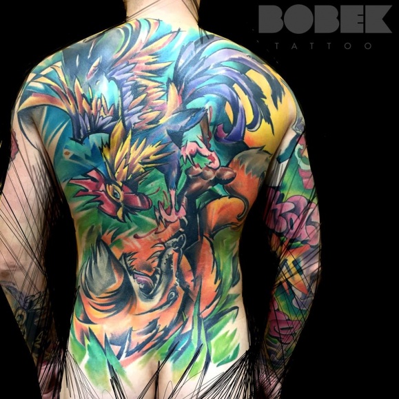 Práce Bobek Tattoo na celých zádech.