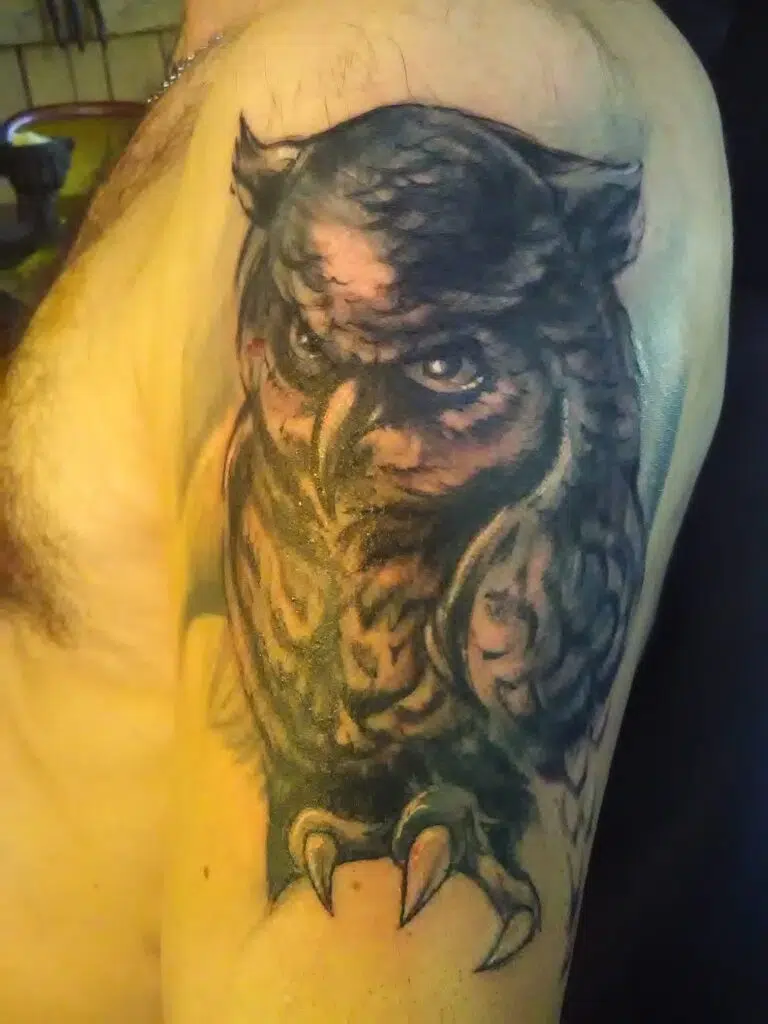 Tetování zvíře sova na rameno